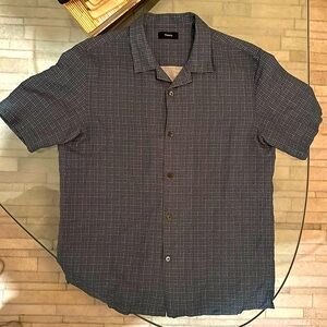 Theory - Men’s Linen Button Down Short Sleeve Shirt, Large, Blue